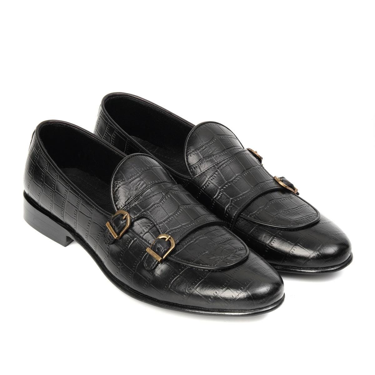 Black Croc Embossed Double Monk Loafers Bella Tread