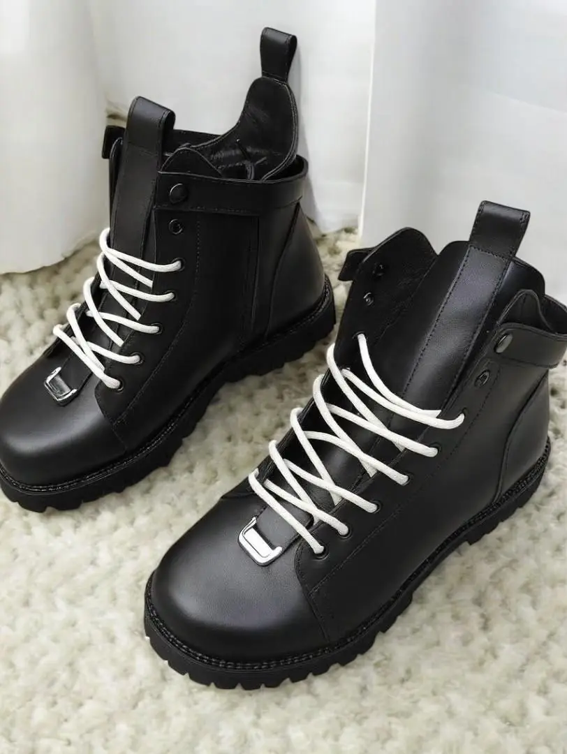 Black Leather Combat Boots For Women Handmade Winter
